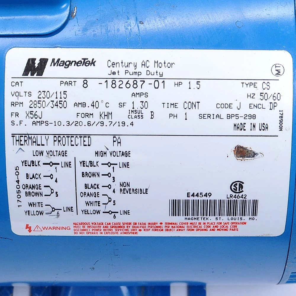 Magnetek Rrc Magnetek Century 8-182687-01 AC Motor 230/115V 1phase 3450RPM Jet Pump ...