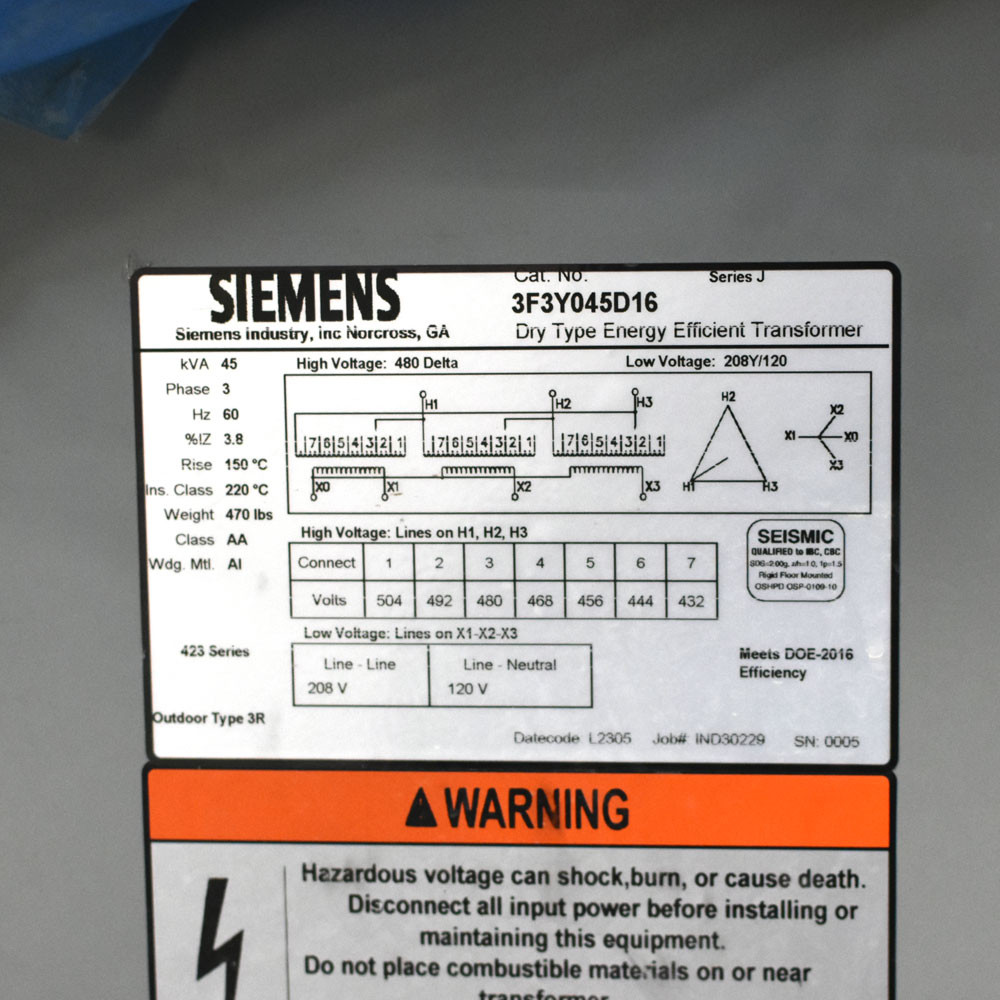 Siemens 3F3Y045D16 Transformer 45 kVA 480VAC, 208Y/120V