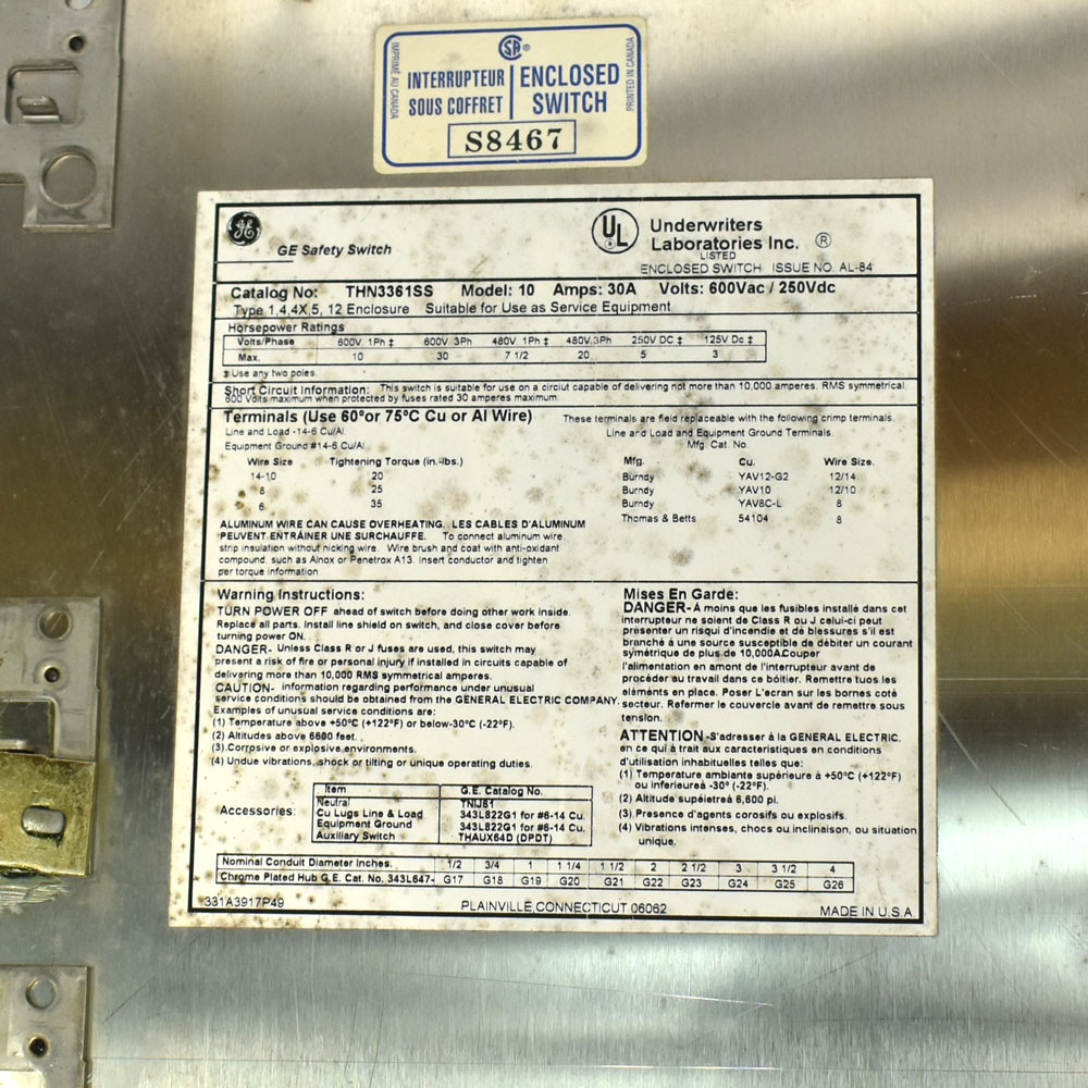 General Electric GE THN3361SS Model 10 30A Safety Switch