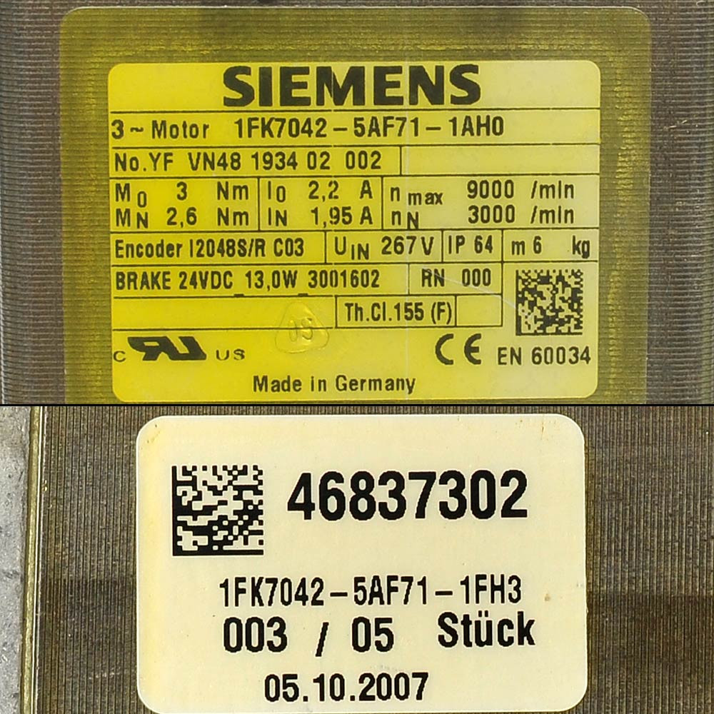 Siemens 1FK7042-5AF71-1AH0 3phase Servo Motor w/ Encoder, Brake