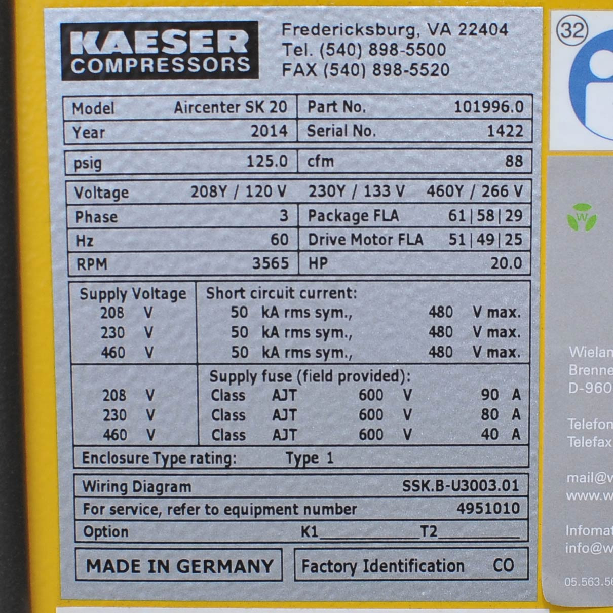 Kaeser Aircenter SK20 Rotary Screw Air Compressor 20HP 460V 3phase
