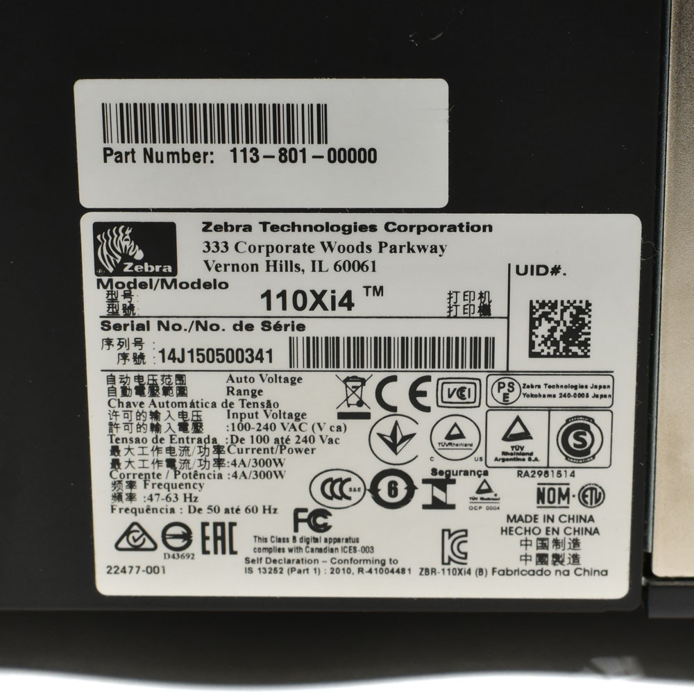 【Ｎtecページ】 Zebra 110Xi4 Thermal Transfer Label Printer 113-801-00000