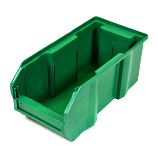 Green plastic stacking storage bin