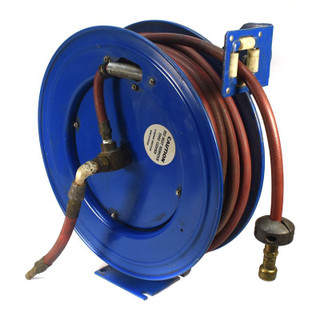 Blue hose reel with red hose