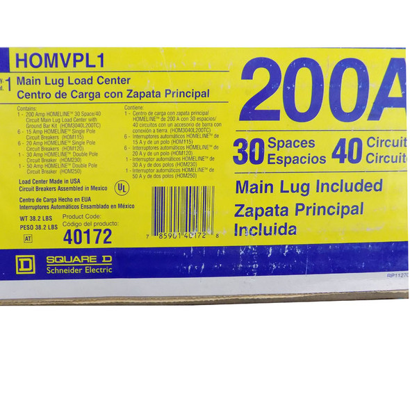 Square D Homeline HOM3040L200TC 200 Amp Main Lug Load Center w/ Circuit Breakers