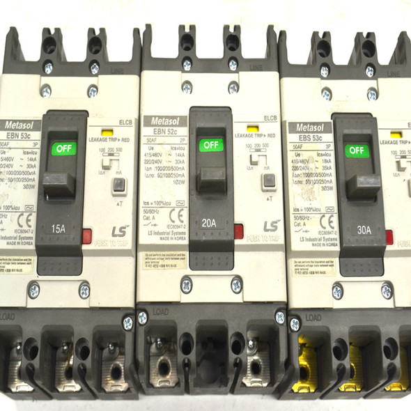(Lot: 3) Metasol LS EBN-53c 15A, EBN-52c 20A & EBN-53 30A ELCB Circuit Breakers