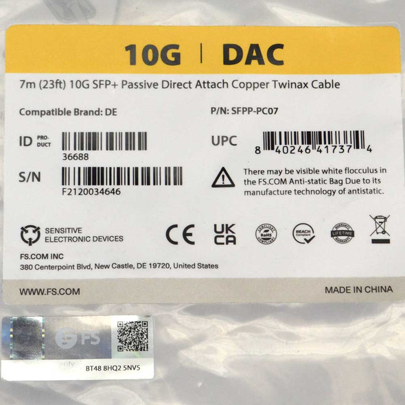 FS SFPP-PC07 7m 10G SFP+ Passive Direct Attach Copper Twinax Cable