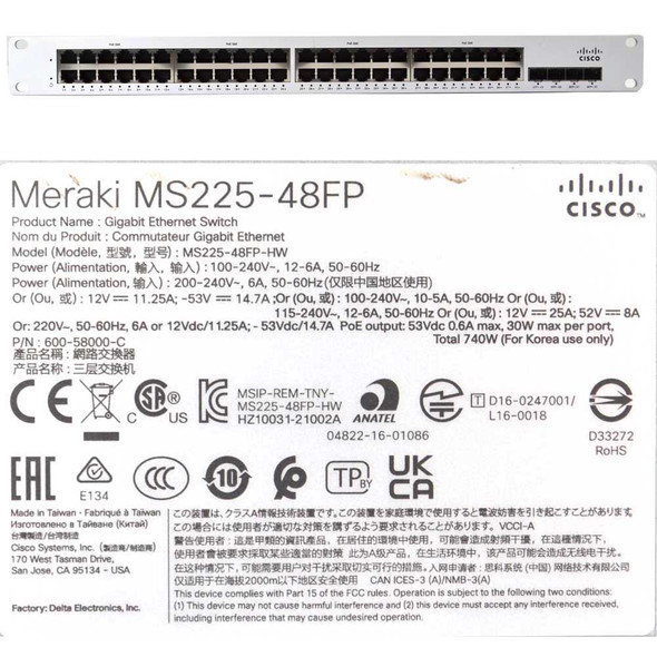 Cisco Meraki MS225-48FP Managed 48-Port Gigabit Ethernet Switch