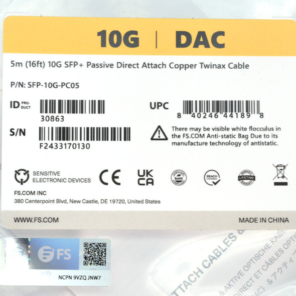 FS SFP-10G-PC05 5m 10G SFP+ Passive Direct Attach Cable