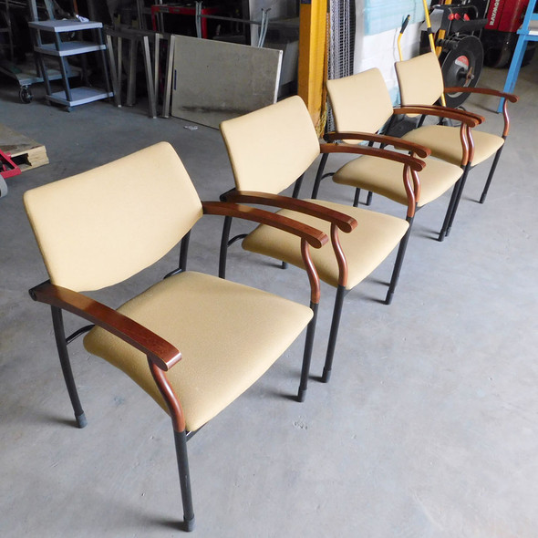 Lot of 4 Gunlocke Guest Reception Chair Taupe Upholstery Wood Arm Caps