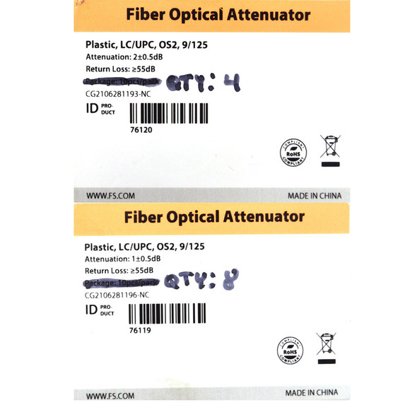 FS (8) 76119 1dB & (4) 76120 2dB Fiber Optic Attenuator Pastic LC/UPC, OS2 9/125