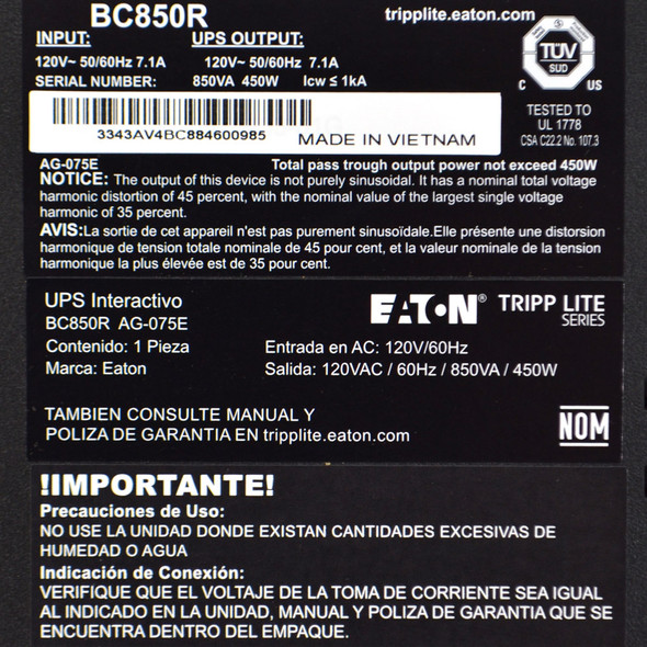 Tripp-Lite BC850R UPS Battery Backup 850VA 450W 120V