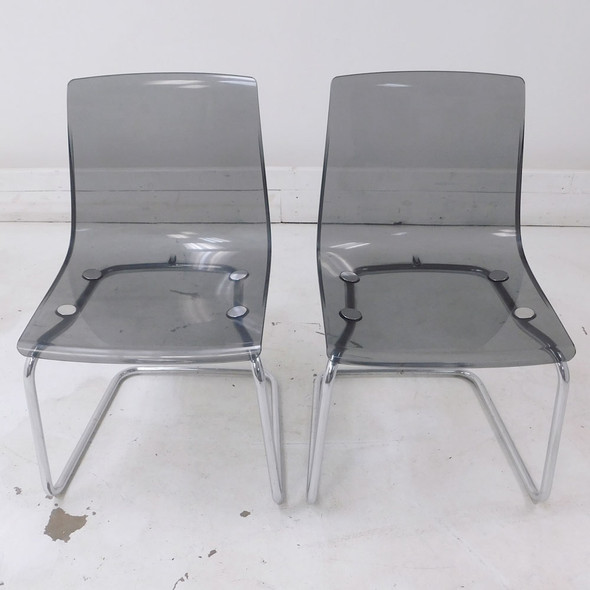 Lot of 2 Dining Chair Arcylic Ghost Style Gray w/ Metal Tubular Legs