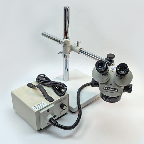 Meiji EMZ-5 Stereo Zoom Microscope w/ Boom Stand, Schott Fiber Light