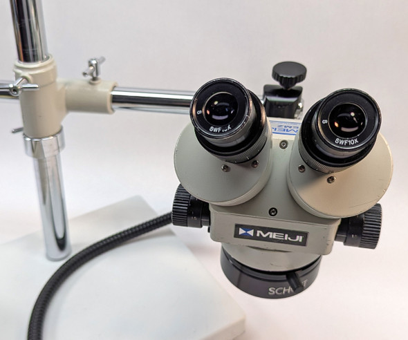Meiji EMZ-5 Stereo Zoom Microscope w/ Boom Stand, Schott Fiber Light