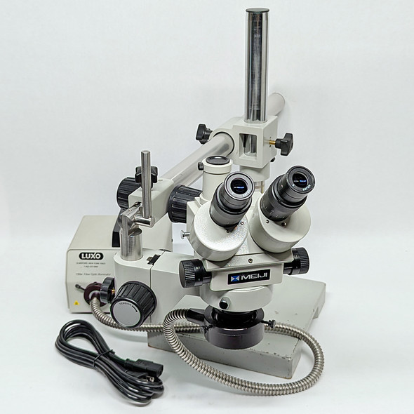 Meiji EMZ-TR Trinocular Stereo Zoom Microscope w/Boom Stand/Fiber Ring Light