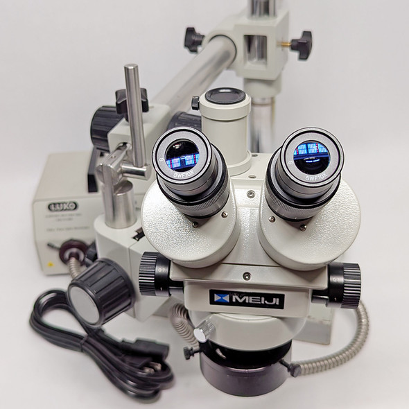 Meiji EMZ-TR Trinocular Stereo Zoom Microscope w/Boom Stand/Fiber Ring Light