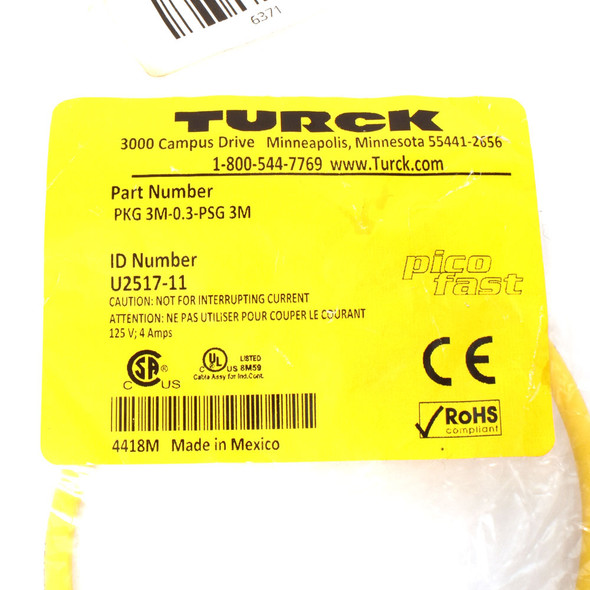 Turck PKG 3M-0.3-PSG 3M U2517-11 Ext QD Cable 3-pin PicoFast