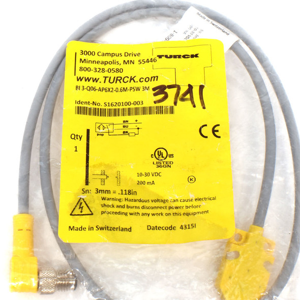 Turck BI 3-Q06-AP6X2-0.6M-PSW 3M Inductive Sensor Right Angle