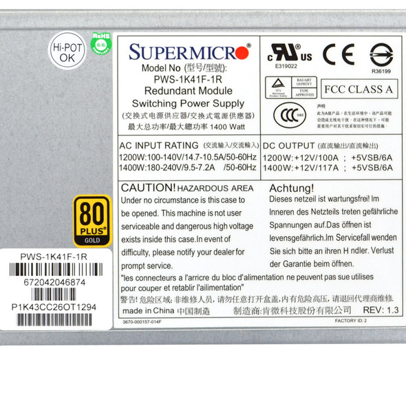 Supermicro PWS-1K41F-1R Server Power Supply 1400W