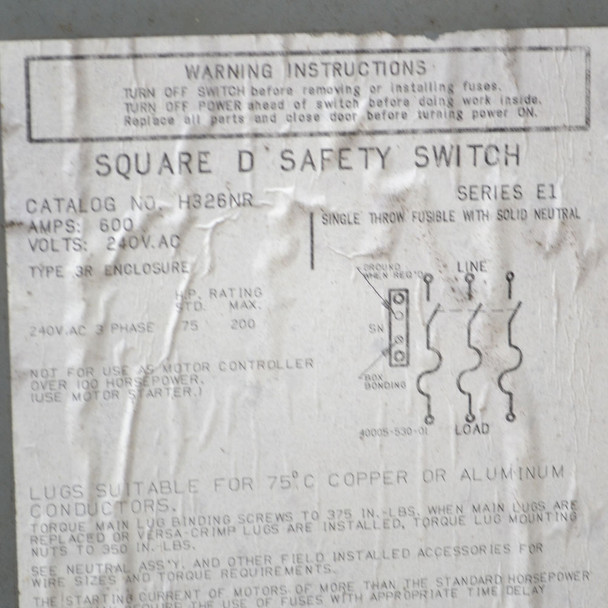 Square D D326NR Fused Safety Disconnect Switch 600A 240VAC 150HP Type 3R Square D D326NR Fused Safety Disconnect Switch 600A 240VAC 150HP Type 3R