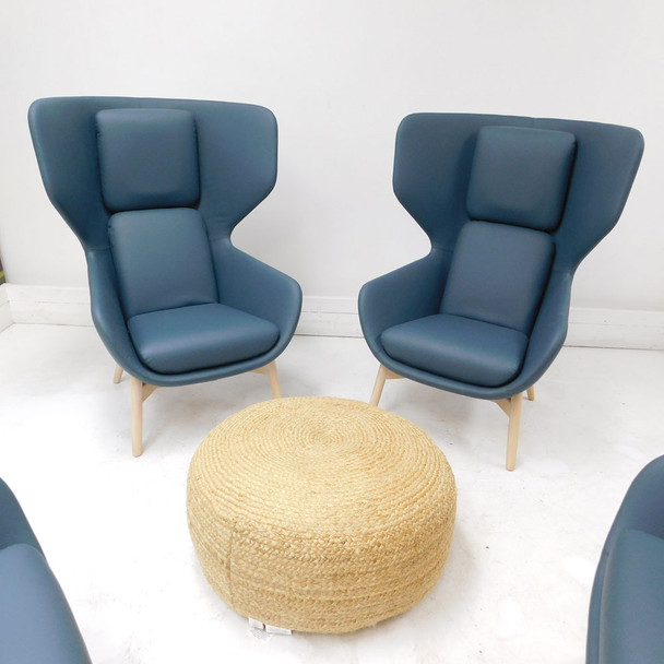Keilhauer Coy Ocean Blue Lounge Chairs (2) w/ Jute Pouf Ottoman