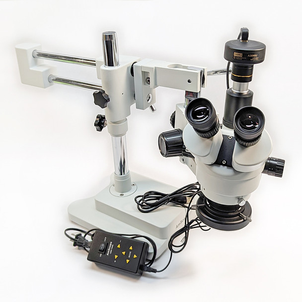AmScope SM Trinocular Stereo Zoom Microscope 10MP Camera/Fiber Light/Boom Stand