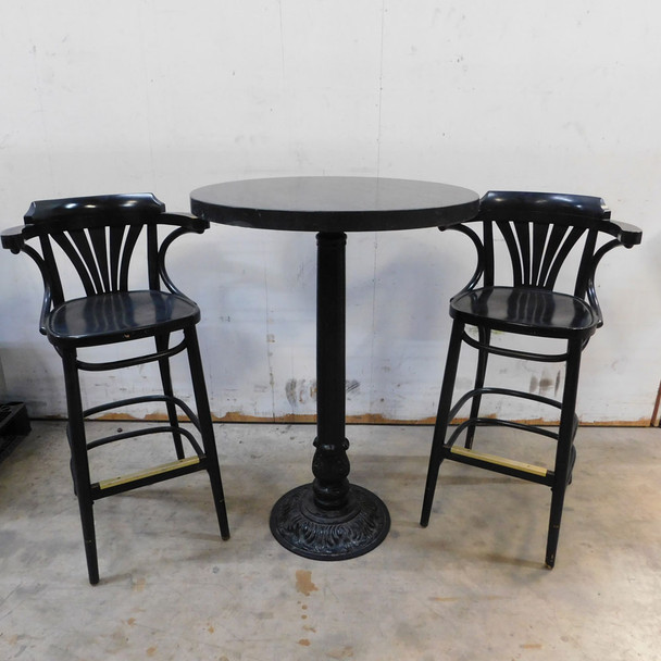 Black Bar Height Round Table w/ Two Wooden Bar Stools Set 30" Dia. x 42" H