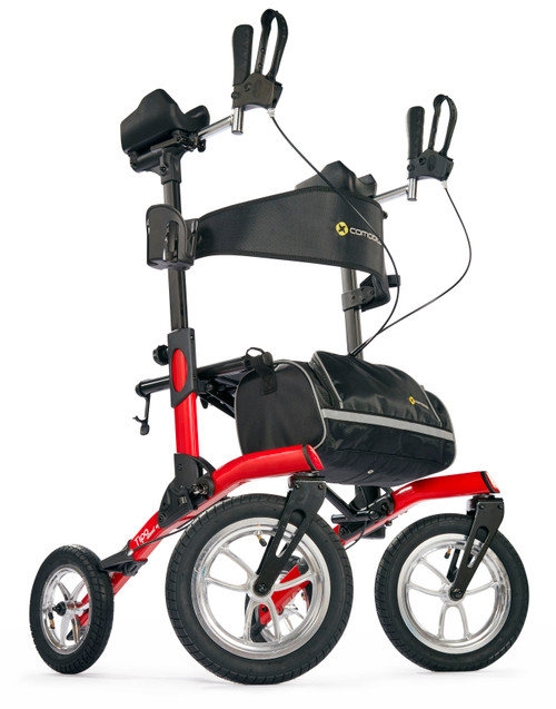 Red Tipo Standup Advance all terrain rollator walker by Comodita with pneumatic tires and upright forearm supports