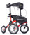 Angled view of the bright red Tipo All-Terrain Rollator by Comodita, featuring extra-large pneumatic front wheels, a wide backrest, a cup holder, and a black storage bag with a silver reflective strip.