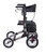 Side profile view of the metallic grey Tipo Petite All-Terrain Rollator by Comodita, featuring large pneumatic wheels, ergonomic handles with brakes, a backrest, and a black under-seat storage bag.