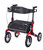 Three-quarter view of the Comodita Tipo Petite All-Terrain Rollator in metallic red, displaying its ergonomic handgrips, brake cables, padded seat with storage underneath, and durable all-terrain wheels.
