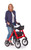 A smiling woman standing next to a red Comodita Uno All-Terrain Rollator, holding the handles. The image showcases the modern design, comfortable seat, and large wheels suitable for indoor and outdoor use.