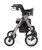 Side view of the Comodita Uno All-Terrain Rollator in a Metallic Charcoal or Graphite finish. The image showcases the walker's profile with a large 12-inch pneumatic front wheel on the right and a smaller 10-inch rear wheel on the left. Features include black ergonomic handles with brake loops, a cup holder attached to the frame, a padded seat and backrest, and a black under-seat storage bag. The 'Uno' model name is visible on the lower rear frame leg.