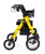 Side view of the Comodita Uno All-Terrain Rollator in a vibrant Modena Yellow finish. The rollator features a bright yellow aluminum frame with a large 12-inch pneumatic front wheel on the right and a 10-inch rear wheel on the left. Key elements include black ergonomic hand grips with brake cables, a frame-mounted cup holder, a black padded seat and backrest, and a black under-seat storage bag. The model name 'Uno' is printed on the lower rear frame leg.