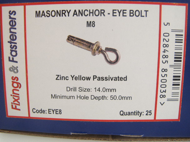 25 Pack Of Masonry M8 x 65mm Anchor Eye Bolt, Zinc Yellow Passivated