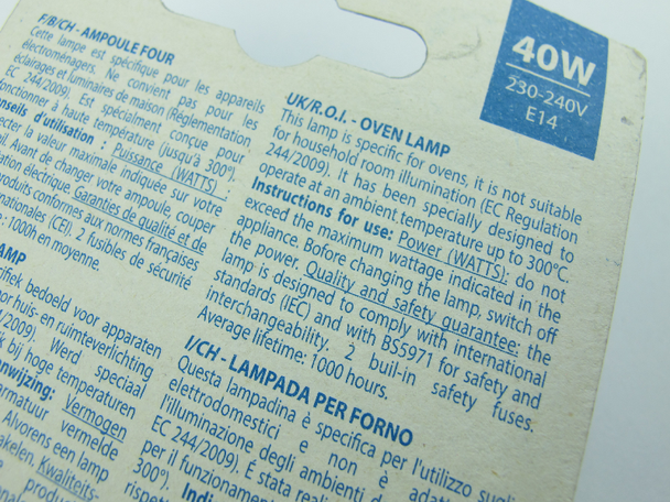 Universal Oven Lamp / Bulb 230V - 240V 40W, E14 Thread, Fits many Makes & Models