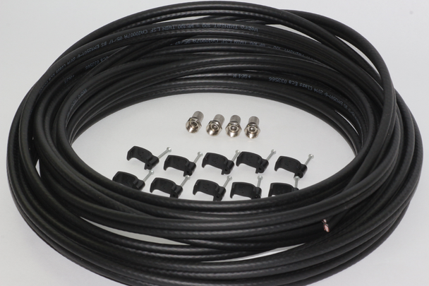 10m of Black Webro WF100 Twin Satellite Cable With 4 x F Plugs, Free Cable Clips