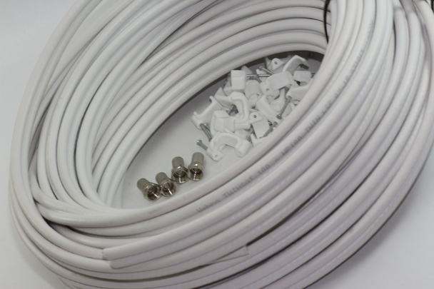 30m of White Webro WF100 Twin Satellite Cable With 4 x F Plugs, Free Cable Clips