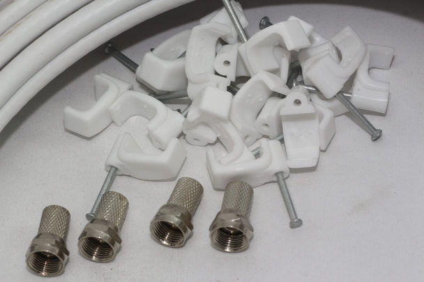 30m of White Webro WF100 Twin Satellite Cable With 4 x F Plugs, Free Cable Clips