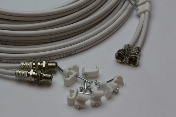 20m Twin White Satellite Shotgun Coax Cable Extension Kit for Sky Plus, Sky HD, Freesat & 20 Special Masonry Cable Clips