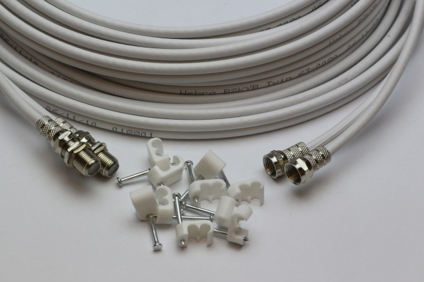 30m Twin White Satellite Shotgun Coax Cable Extension Kit for Sky Plus, Sky HD, Freesat & 30 Special Masonry Cable Clips