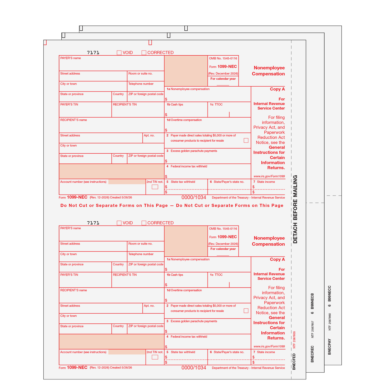 NECS305 - 1099 Non-Employee Compensation - 3-part Set (Preprinted