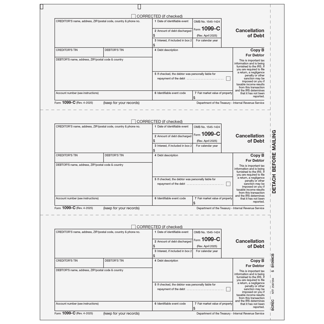 BCREC05 - Form 1099-C Cancellation of Debt - Copy B Debtor (BCREC05 ...