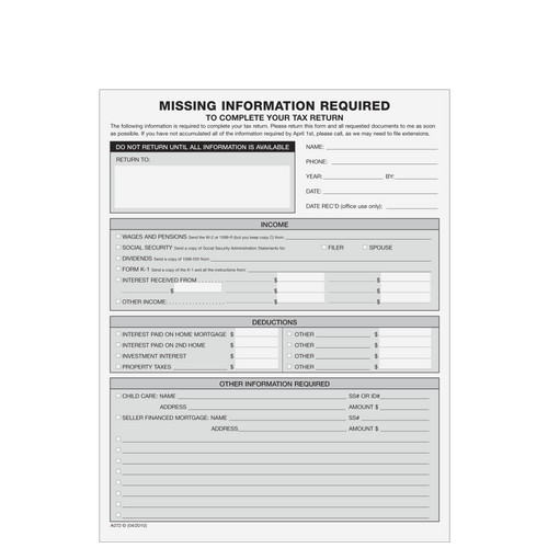 A072 - Missing Information Forms (with Checklists)