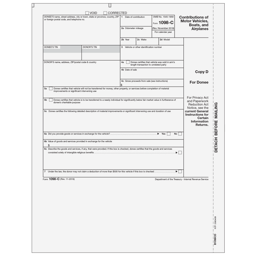 B1098CD05 - Form 1098-C - Contributions of Motor Vehicles, Boats, and Airplanes - Copy D Donee