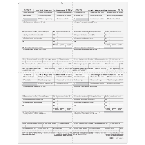 80026 - Form W-2 - Employer State/Local/File Copies 1/D - 4up Quadrants