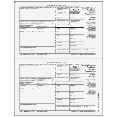 BKB05 - Form 1099-K Payment Card and Third Party Network Transactions - Copy B Payee