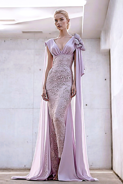 Detailed Shoulder Draped Gown