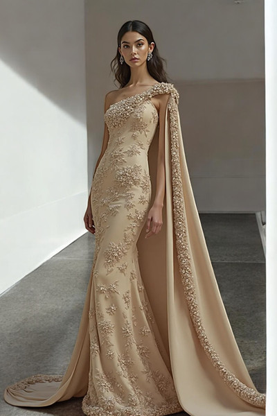 One-Shoulder Embroidered Cape Gown